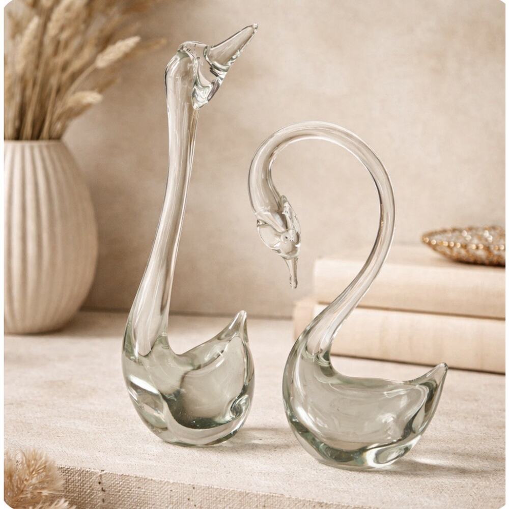 Vintage MCM Pair of Clear Hand Blown Glass Swans Smooth Pontil Quality Versatile